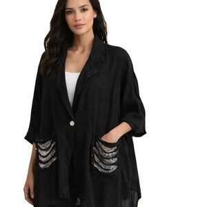 Bella Amore Italy Lagonlook Black Linen Silver Sequin Pockets Jacket One Size